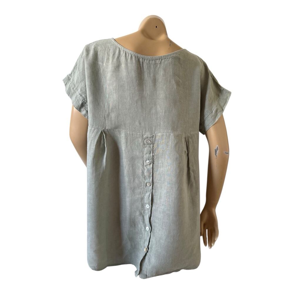 Terzo Millennio Olive Linen Tunic Top Short Sleeve Size Medium Back Button Italy - Picture 4 of 8